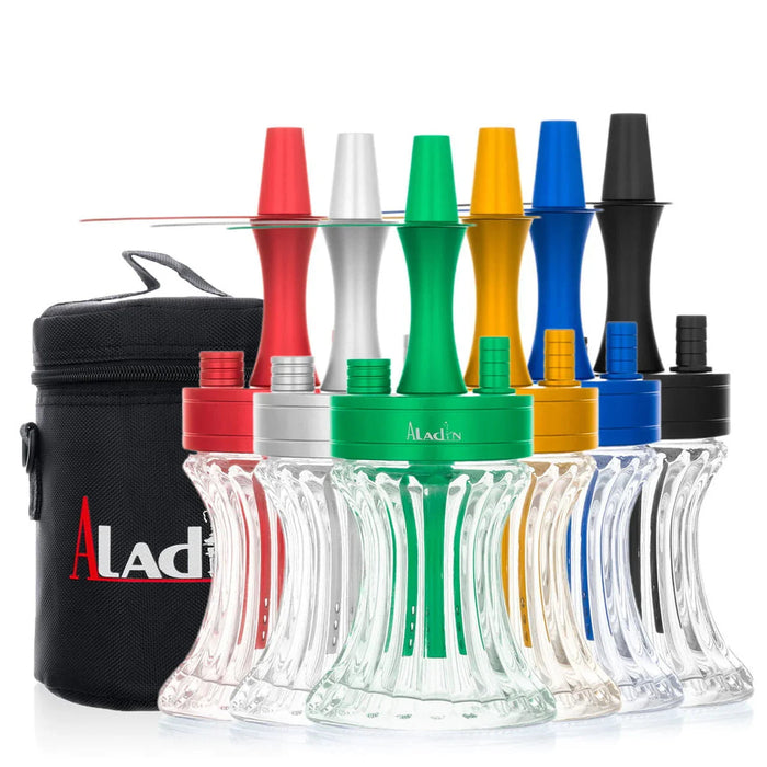 Six Aladin 2Go travel hookahs of 23 centimeters in red, silver, green, gold, blue and black, with glass bases, in front of the black carrying bag.