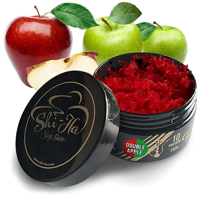 Geopende pot Shi-Ha Double Apple met rood geschaafd kruidenmengsel, met het deksel ervoor en rode en groene appels erachter.