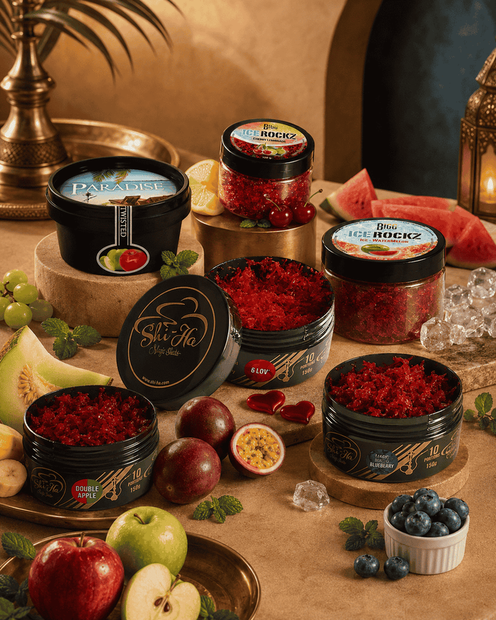 Potten nicotinevrije shisha smaak in uiteenlopende kleuren, klaar om te mengen.