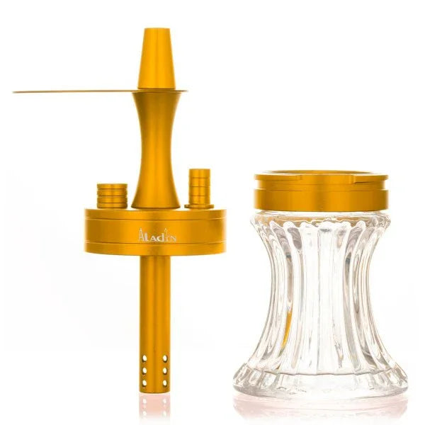 Aladin 2 Go Alu Goud waterpijp vaas detail, transparante handgeblazen vaas met gouden body