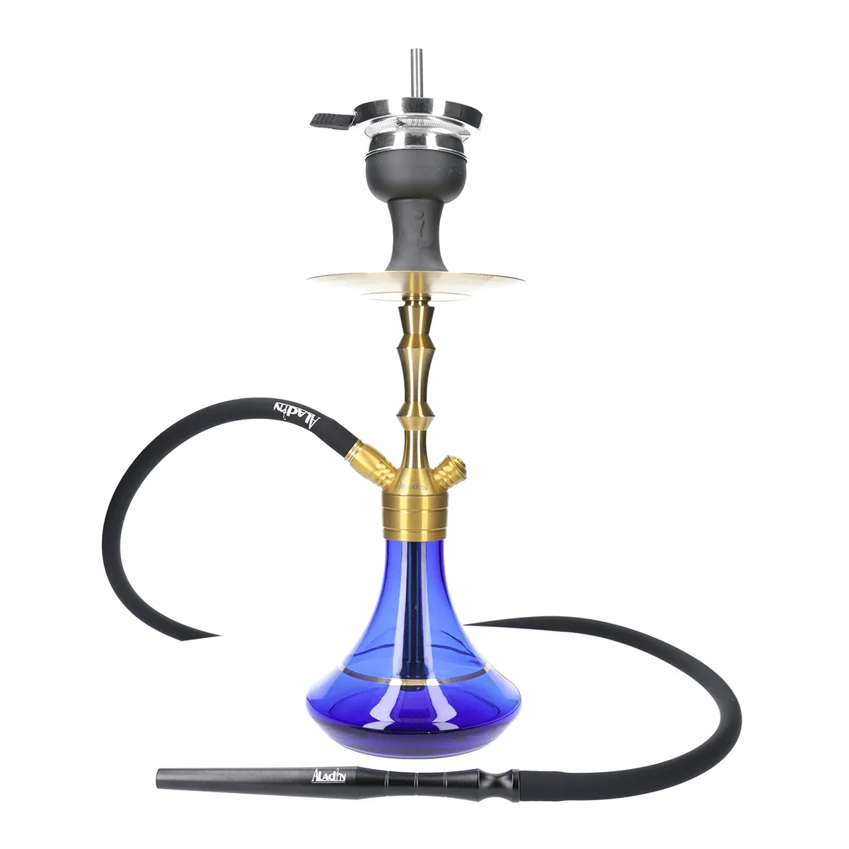 Aladin MVP 360 Gold blauw - zijaanzicht van de shisha met glazen vaas en rookzuil
