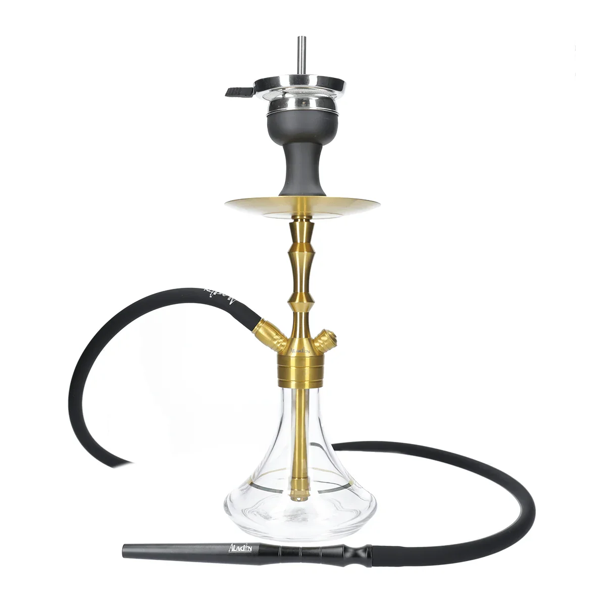 Aladin MVP 360 Gold transparant - zijaanzicht van de volledige shisha met glazen vaas en gouden steel