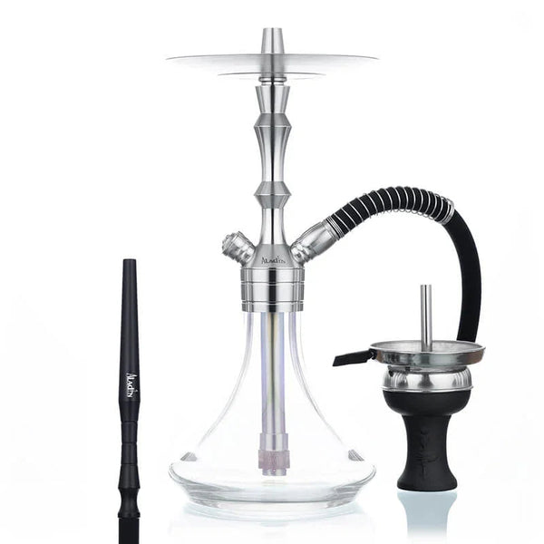 Aladin MVP 360 Shiny Clear RVS waterpijp 45 cm met heldere glazen vaas en gouden accenten