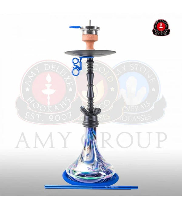 Amy Deluxe 059R Zoom Blauw waterpijp van 78 cm met blauwe glazen vaas en matzwarte roestvrij stalen rookkolom, complete shisha set