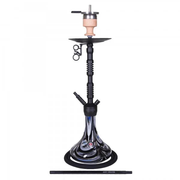 Amy Deluxe 073.01 shisha in zwart - glazen vaas met RVS rookkolom en siliconen waterpijp slang