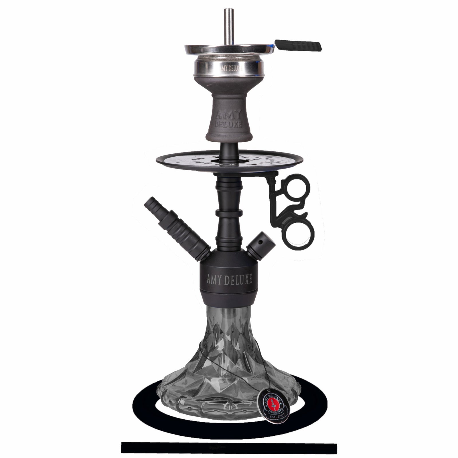 Amy Deluxe 107.03 Zwart complete shisha set met glazen vaas, rookkolom en siliconenslang