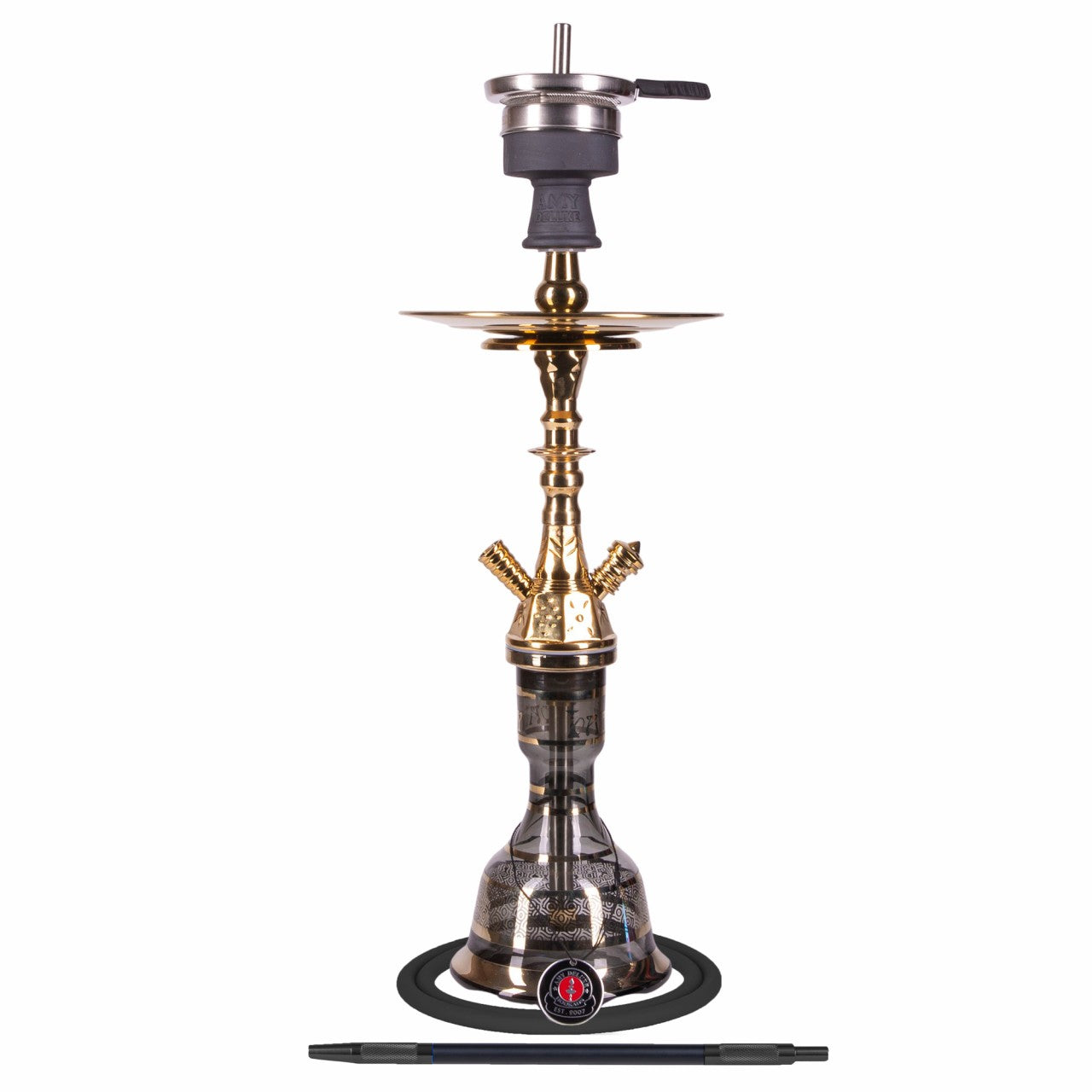 Amy Deluxe 109.02 Mini Hayil messing shisha 61 cm met bladgoud glazen waterpijp vaas, vooraanzicht