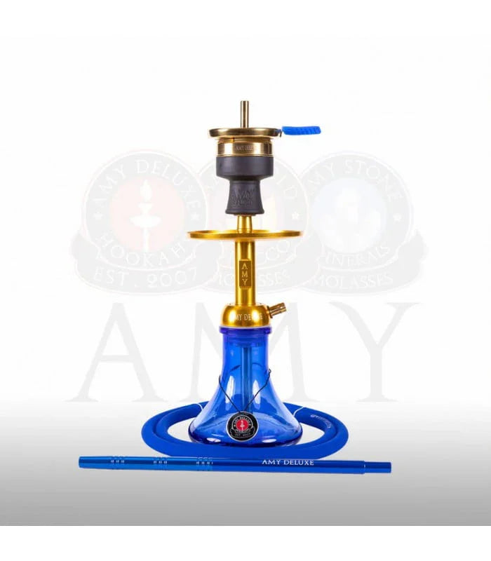 Amy Deluxe 116.03 Alu Mini Bag Goud Blauw waterpijp van voren - complete shisha set 45 cm