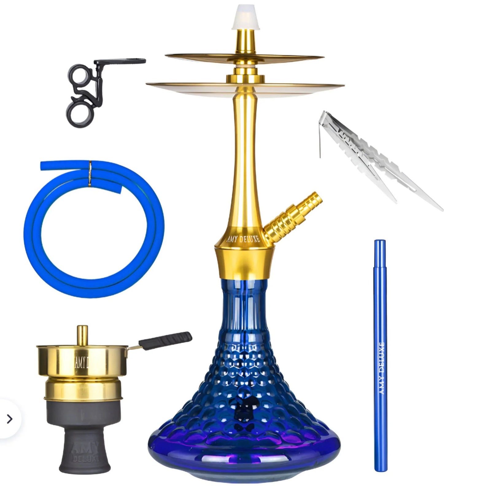 Amy Deluxe 128.02 Gold Blue - RVS waterpijp met blauwe glazen vaas en goudkleurige schacht, circa 70 cm hoog