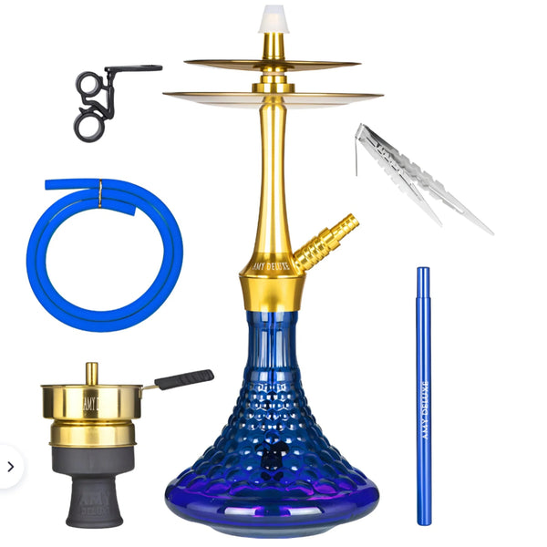 Amy Deluxe 128.02 Gold Blue - RVS waterpijp met blauwe glazen vaas en goudkleurige schacht, circa 70 cm hoog