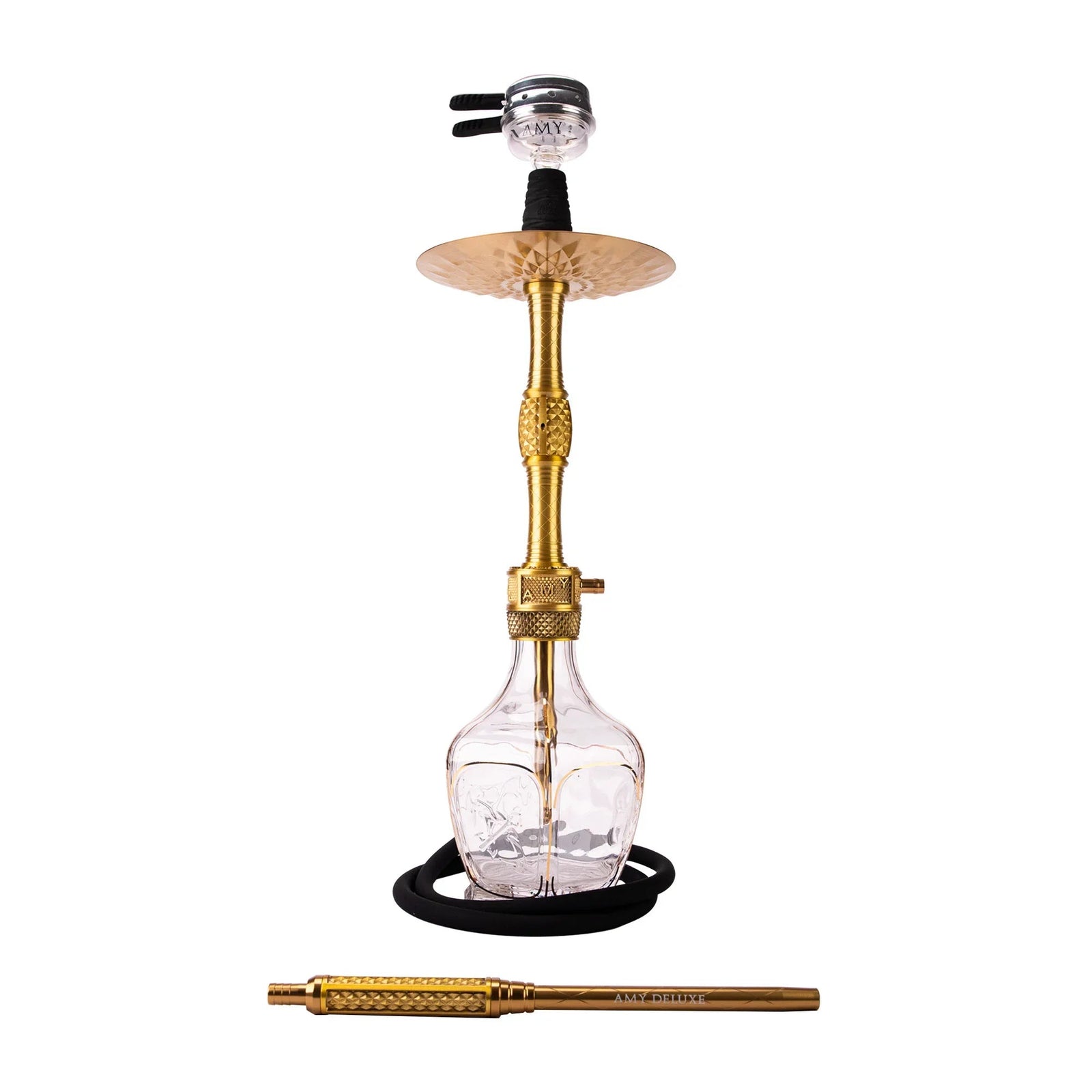 Amy Deluxe 129 Zodiac waterpijp goud transparant - RVS shisha compleet vooraanzicht