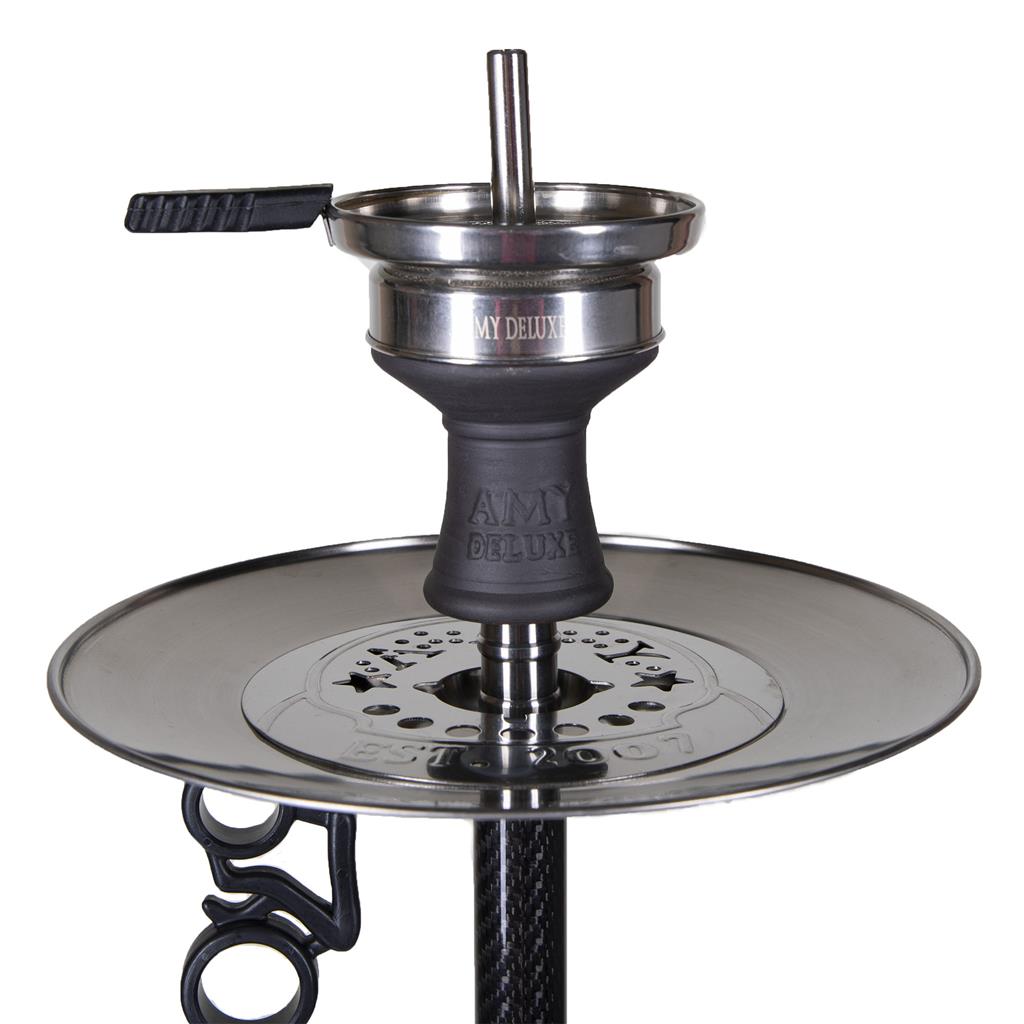 Amy Deluxe Carbonica Force R shisha - zwarte carbon waterpijp met vier slangaansluitingen en aluminium mondstuk