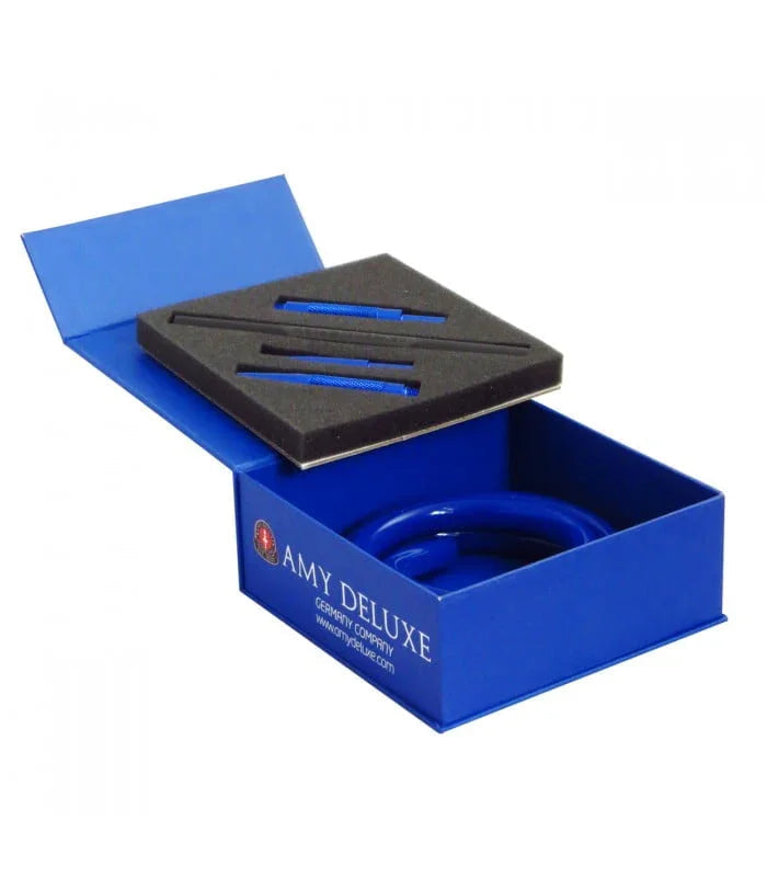 Amy Deluxe S238 shisha slang blauw - detailopname van het aluminium mondstuk en flexibele slang