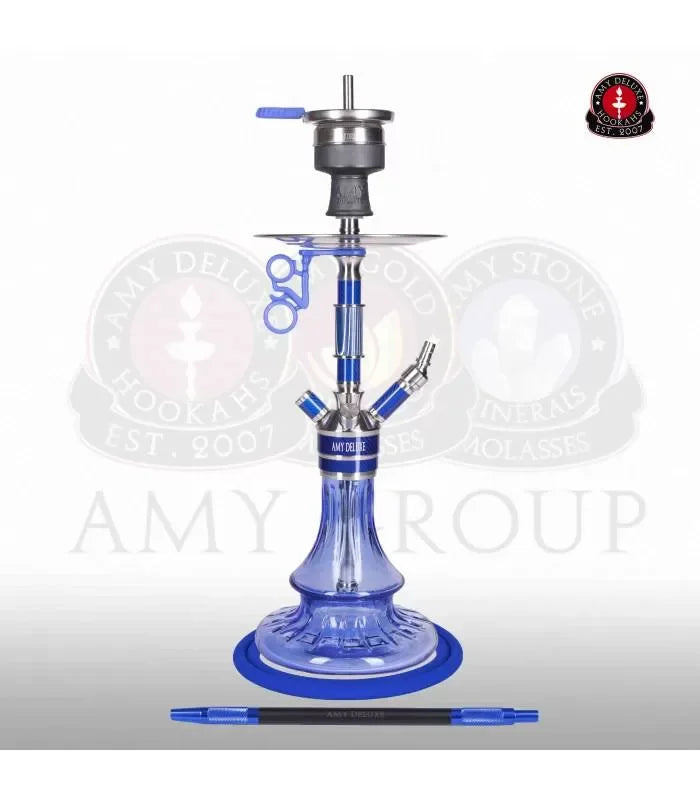 Amy Deluxe SS26 Blauw - RVS shisha met blauwe glazen vaas en kliksluiting, vooraanzicht