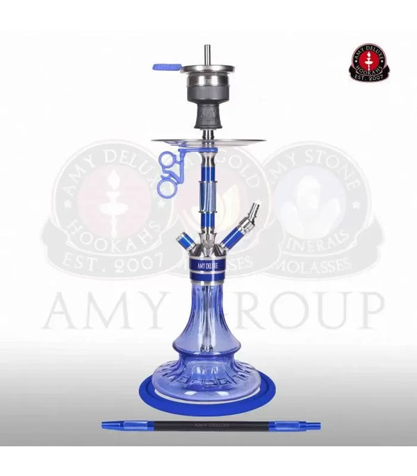 Amy Deluxe SS26 Blauw - RVS shisha met blauwe glazen vaas en kliksluiting, vooraanzicht