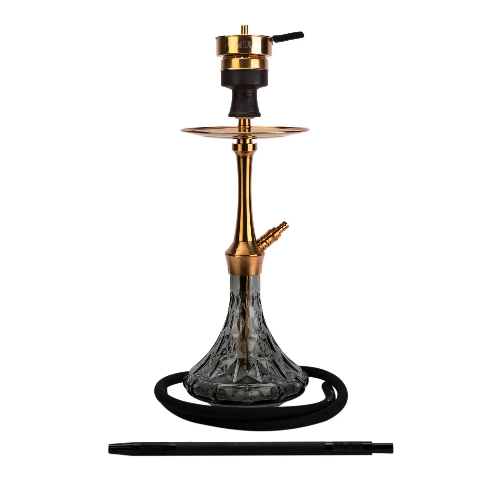 Amy Deluxe SS38.02 Gold Black waterpijp van roestvrij staal met zwarte glazen vaas en gouden rookkolom, complete shisha set