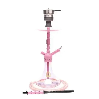 Amy Deluxe SS41.02 roze waterpijp van roestvrij staal met roze glazen vaas, zijaanzicht op witte achtergrond