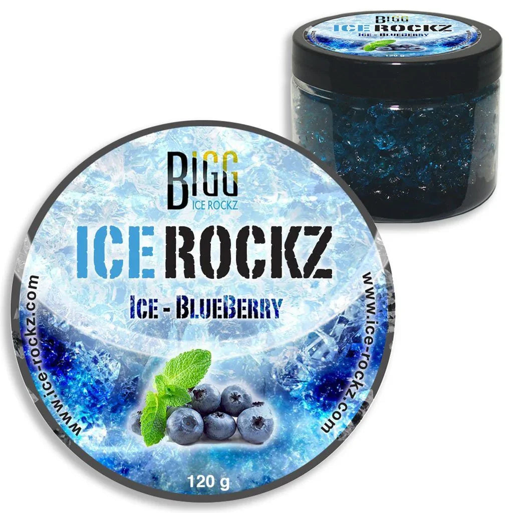 Bigg Ice Rockz Ice Blueberry steam stones van dichtbij, fruitige shisha tabak met bosbes en mint