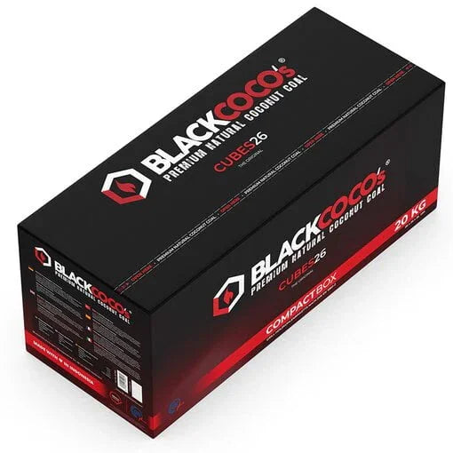 Black Coco's kokoskolen 20 kg Cubes26 doos geopend - waterpijp kolen overzicht