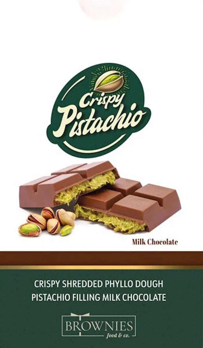 Crispy Pistachio Dubai Chocolade XXL 210g - achterkant verpakking met allergeninformatie