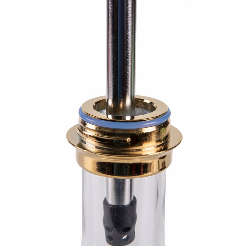 Detailfoto van de gouden rookkolom en doorzichtige vaas van de Amy Deluxe Middle Globe R 056 shisha