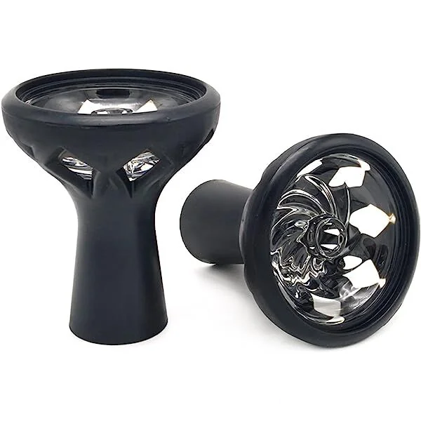 Detailfoto van de siliconen glazen vortex shisha tabakskop, binnenkant glas zichtbaar