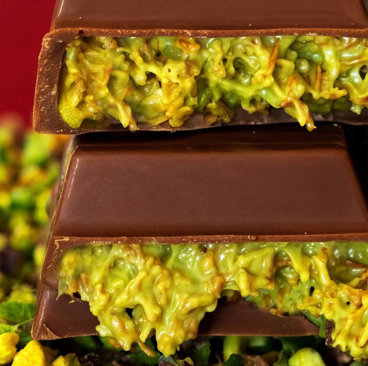 Dubai Chocolade XXL reep van Crispy Pistachio - zijkant met pistache vulling zichtbaar