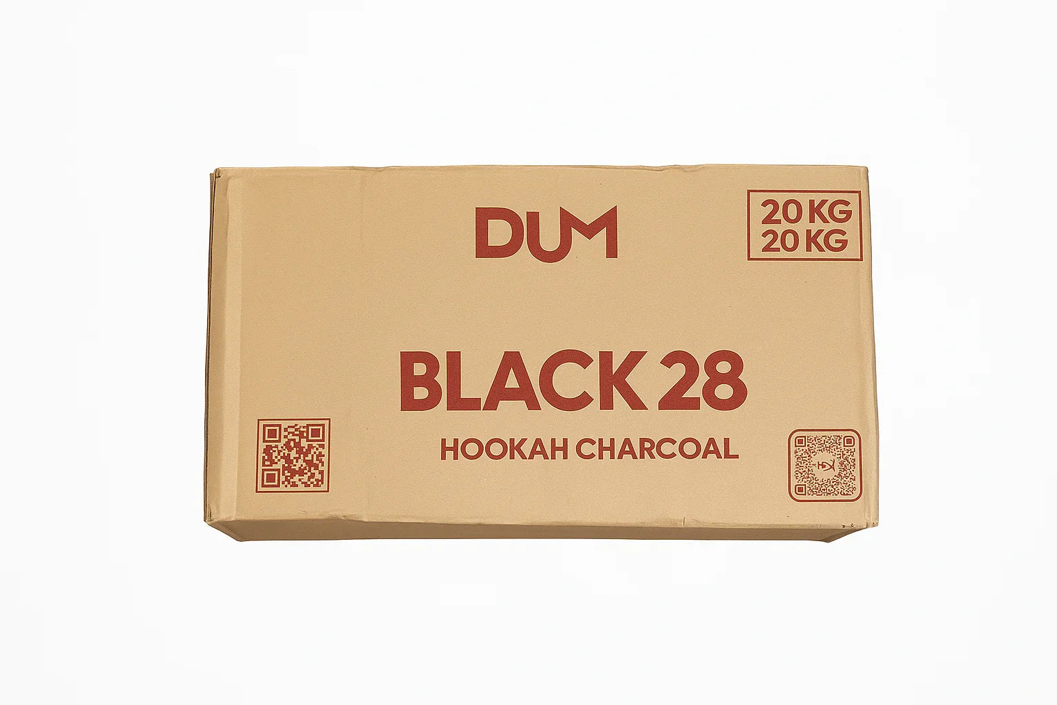 DUM 28 mm kokos waterpijp kolen in 20 kg bulk doos - voorkant verpakking