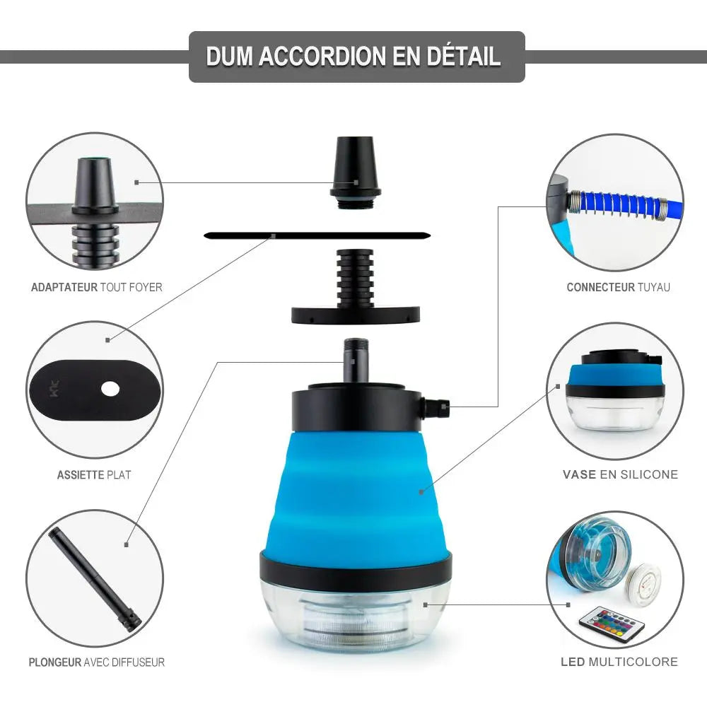 DUM Accordion compacte shisha zwart met LED-verlichting - 23 cm travel waterpijp