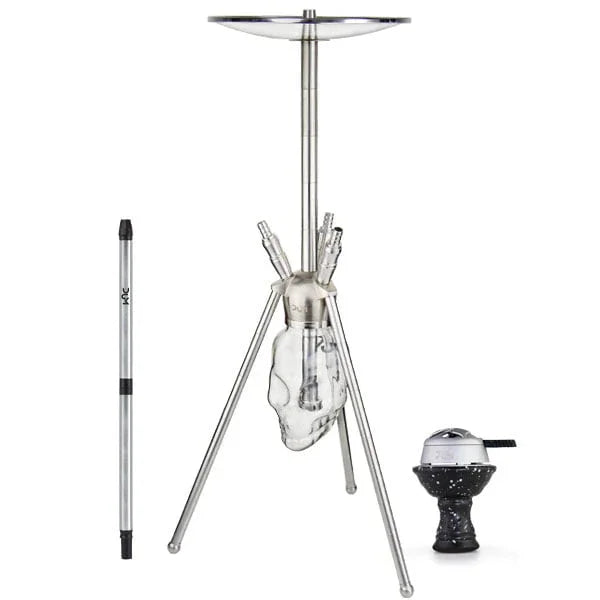Dum Crazy Skull Zilver waterpijp volledig beeld, zilveren shisha met schedel glazen vaas