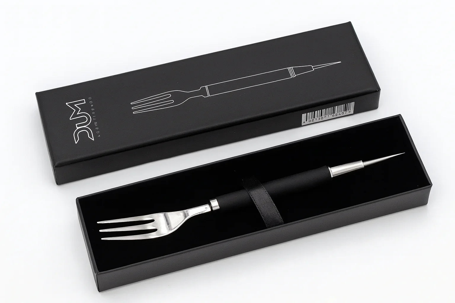DUM Split Tobacco Fork 2-in-1 waterpijp tabaksvork met folieprikker in luxe zwarte DUM giftbox, roestvrij staal zilver met zwarte grip