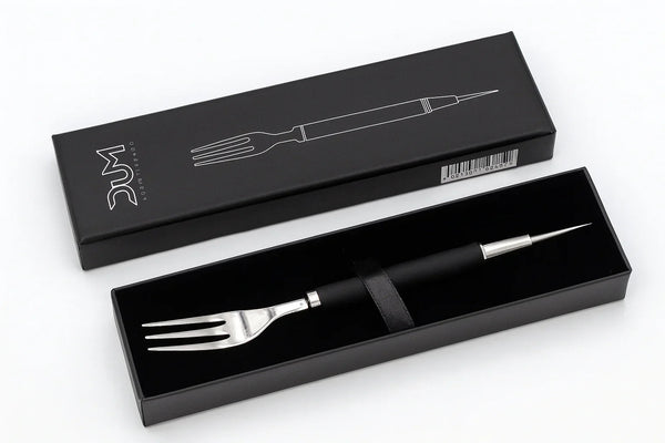 DUM Split Tobacco Fork 2-in-1 waterpijp tabaksvork met folieprikker in luxe zwarte DUM giftbox, roestvrij staal zilver met zwarte grip