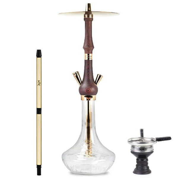 Dum SS18 Majesty Wood waterpijp in goud, volledig beeld van de complete shisha set