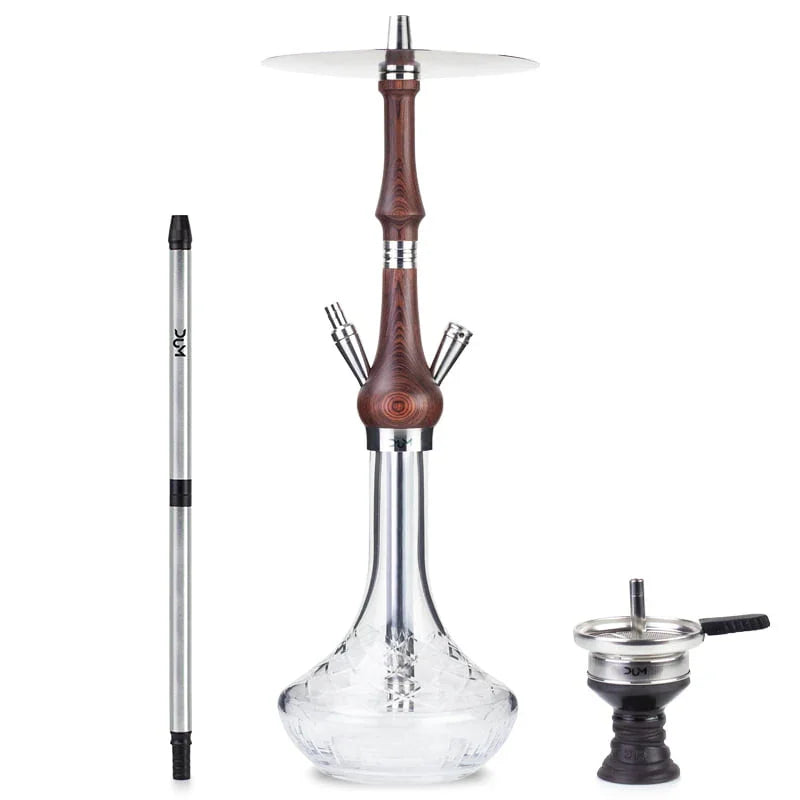 Dum SS18 Majesty Wood waterpijp in zilver, gegraveerde borosilicaat glazen vaas met houten stam