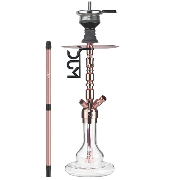 DUM SS23 Ragnarok Rose Gold shisha waterpijp vooraanzicht met rose gold rookkolom en glazen vaas