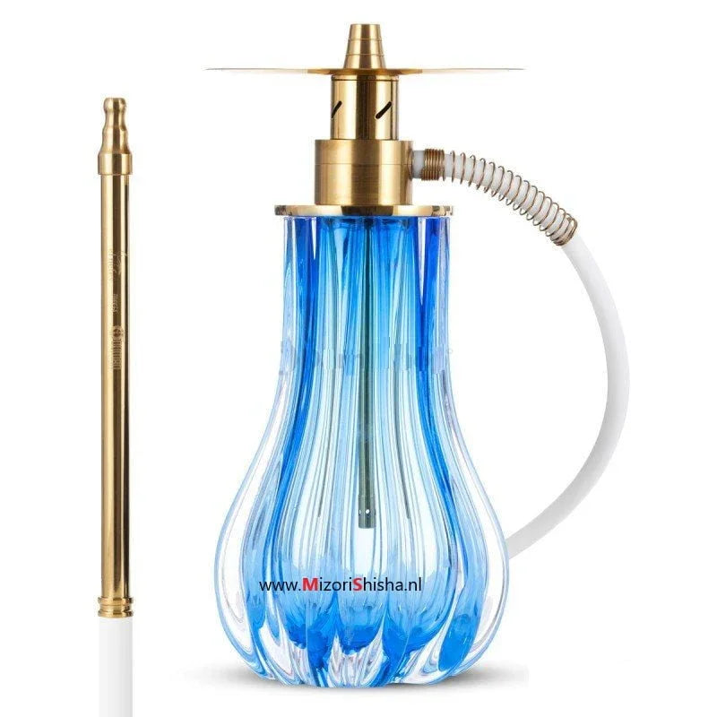 El Nefes meets Oduman Dream M1 blauw - compacte luxe shisha met handgeblazen Boheemse kristallen vaas en gouden details