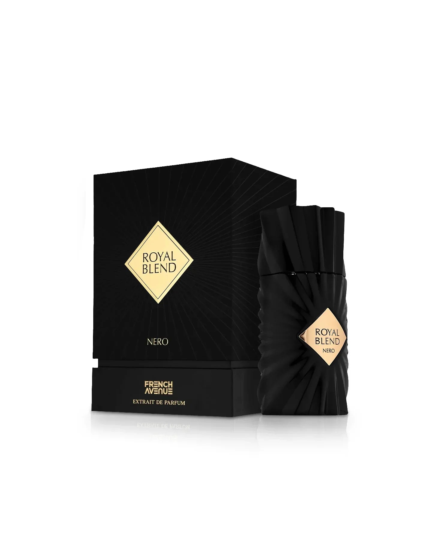 French Avenue Royal Blend Nero eau de parfum fles naast doos op witte achtergrond