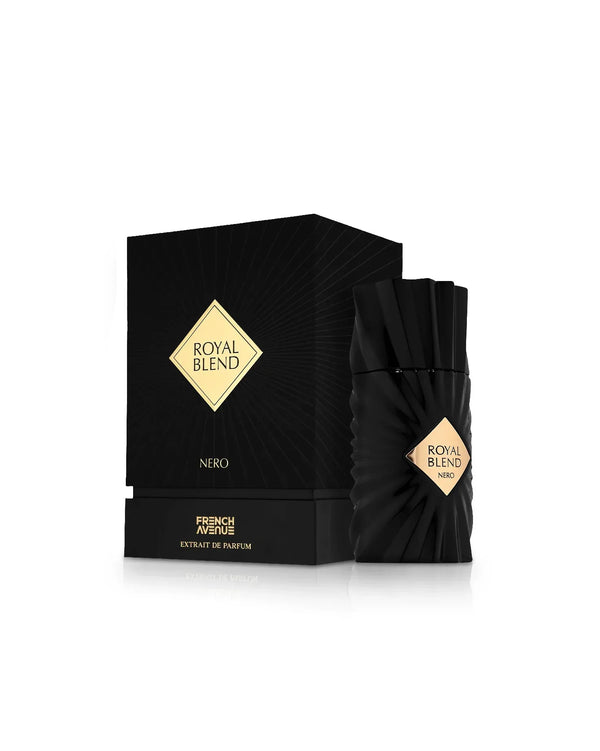 French Avenue Royal Blend Nero eau de parfum fles naast doos op witte achtergrond