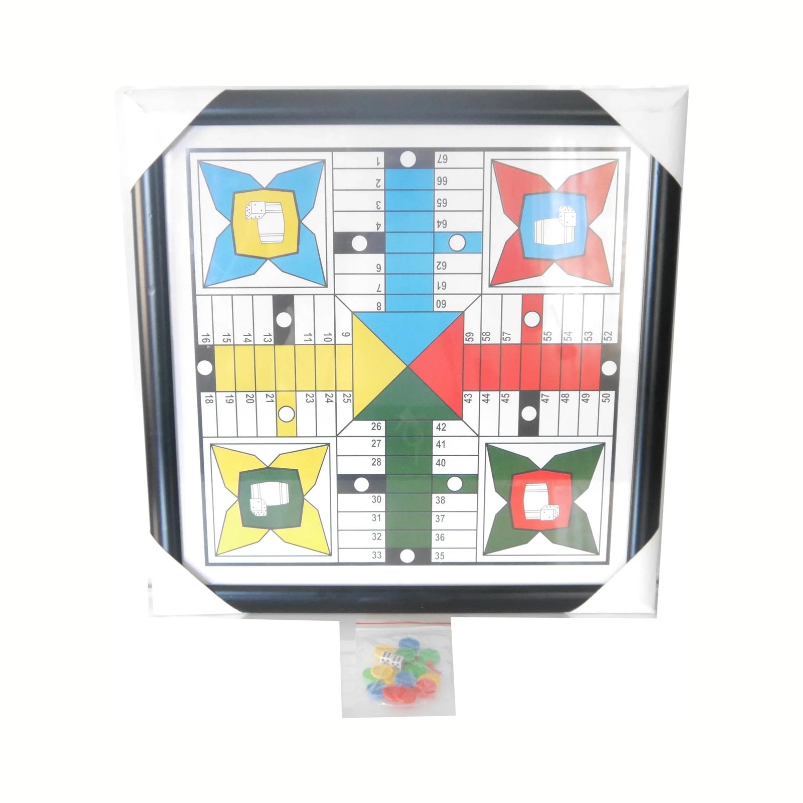 Glazen Ludo-bord met fiches in 4 kleuren en opbergkoker, 40 cm