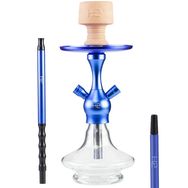 H2 Greedy H10 waterpijp in blauw - compacte shisha van 40 cm met glazen vaas