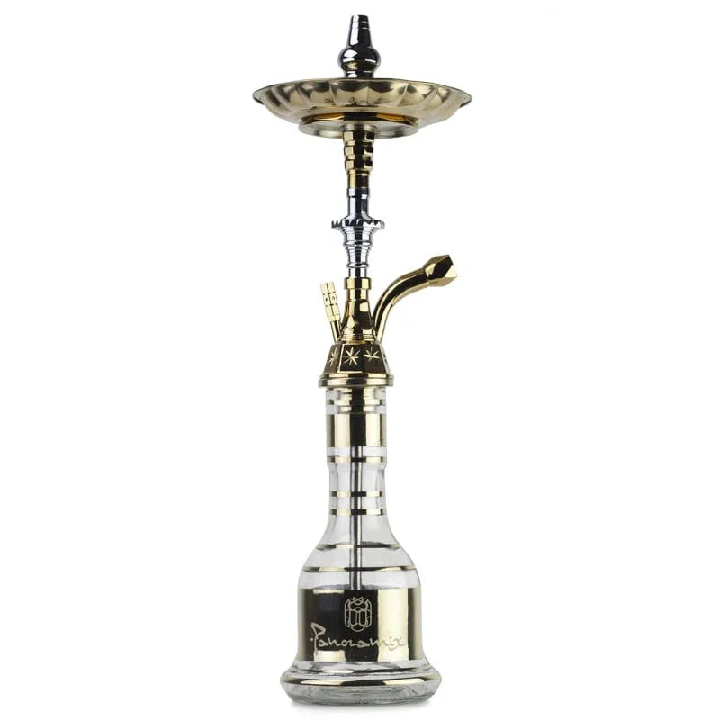 Khan Al Khalily Panoramix B shisha waterpijp goud met dikke glazen vaas en Arabisch ontwerp