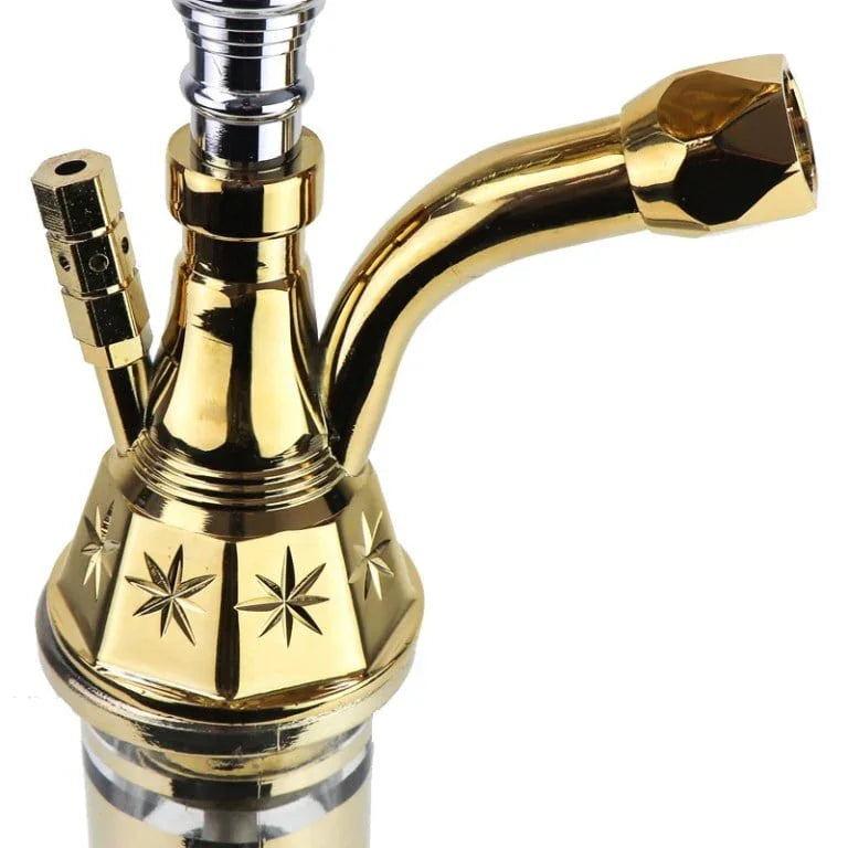 Khan Al Khalily Panoramix B waterpijp goud detailopname van stang en vaas