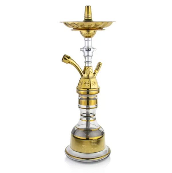 Khan Panoramix-S Gold shisha waterpijp met gouden metalen schacht en glazen vaas, 46 cm hoog