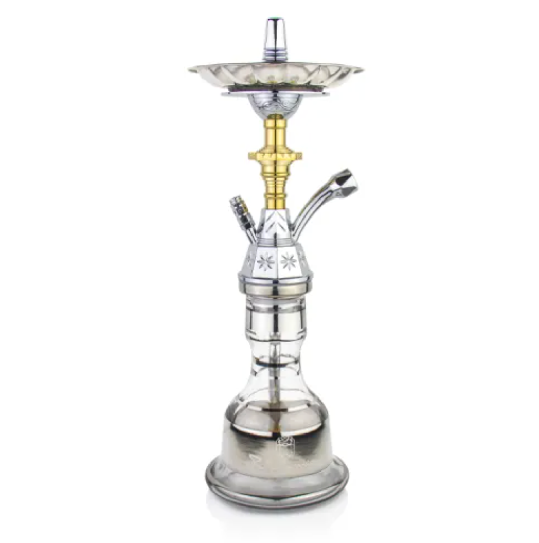 Khan Panoramix-S Silver shisha waterpijp met zilveren steel en glazen vaas - 46 cm