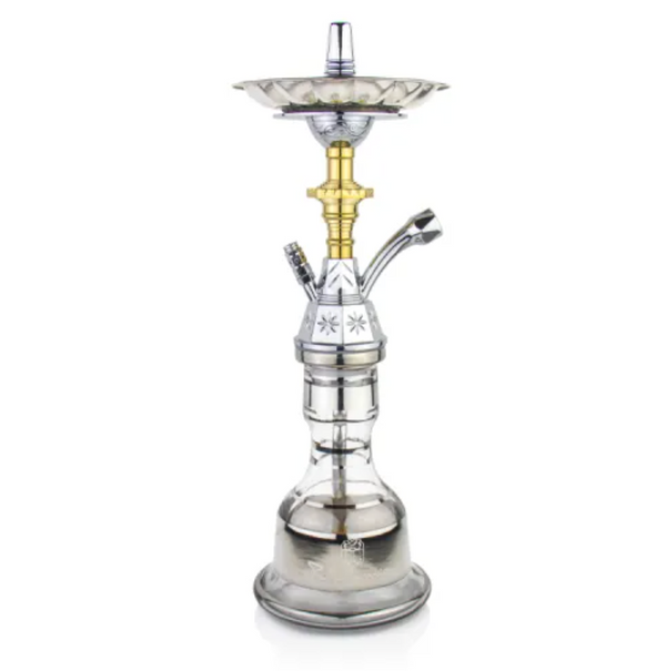 Khan Panoramix-S Silver shisha waterpijp met zilveren steel en glazen vaas - 46 cm