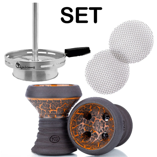 KS Appo Lava Orange stenen shisha tabakskop set met Dschinni Vulcan Air hotscreen en RVS zeef