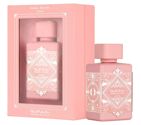 Lattafa Badee Al Oud Noble Blush eau de parfum fles - bloemig oriëntaals damesparfum met roos, oud en vanille