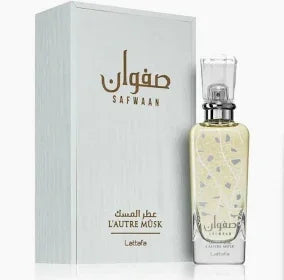 Lattafa Safwaan Lautre Musk eau de parfum fles, zacht muskusparfum met bloemige en houtachtige geurnoten