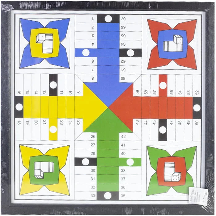 Ludo bordspel 40 cm met kleurrijke fiches in vier kleuren