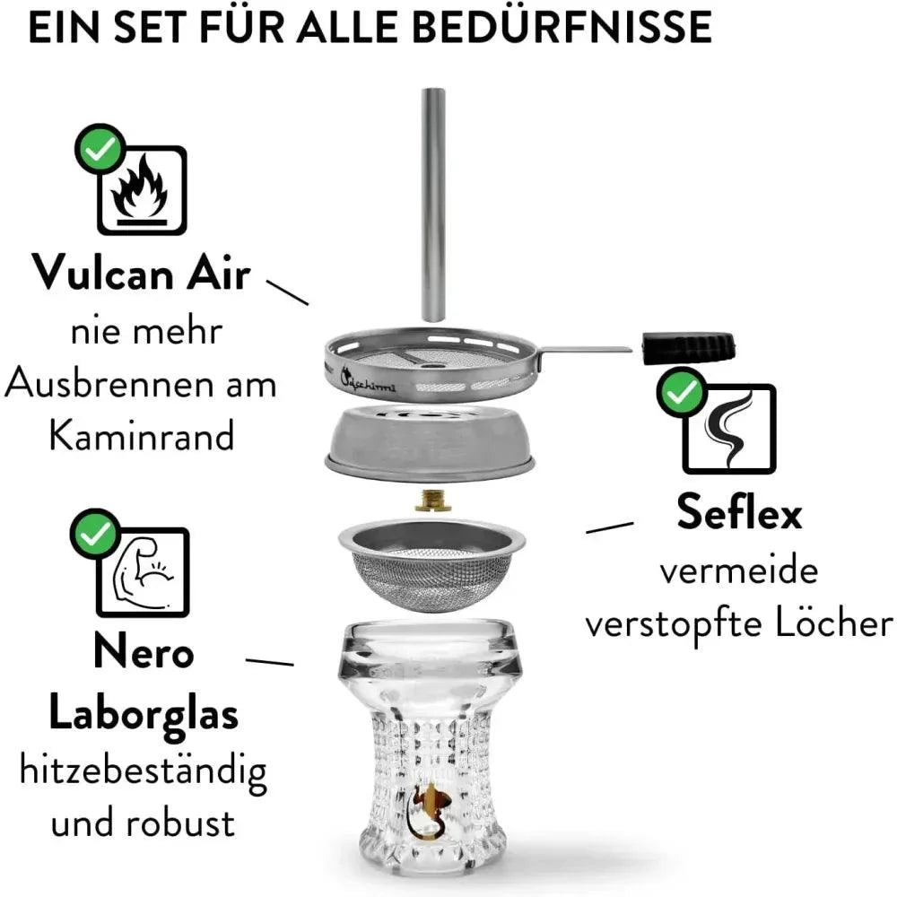 Luxe Dschinni Nero glaskop voor waterpijp met Vulcan Air en Seflex zilver